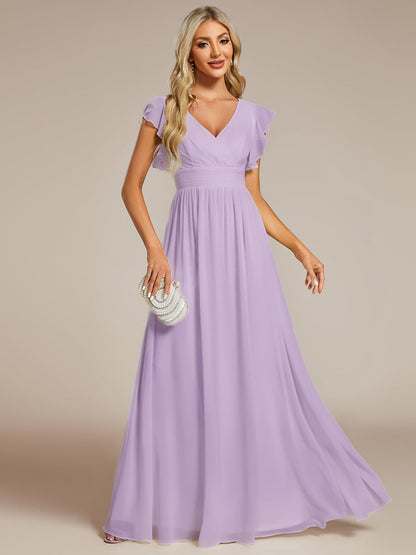 LILYANA™ | Vestido de dama de honor en gasa con mangas plisadas y abertura en la espalda