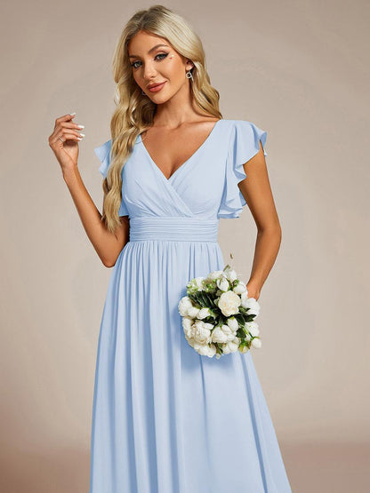 LILYANA™ | Vestido de dama de honor en gasa con mangas plisadas y abertura en la espalda