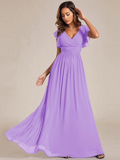LILYANA™ | Vestido de dama de honor en gasa con mangas plisadas y abertura en la espalda