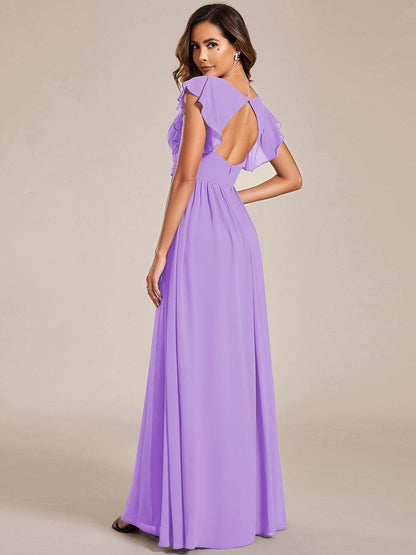 LILYANA™ | Vestido de dama de honor en gasa con mangas plisadas y abertura en la espalda