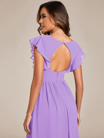 LILYANA™ | Vestido de dama de honor en gasa con mangas plisadas y abertura en la espalda