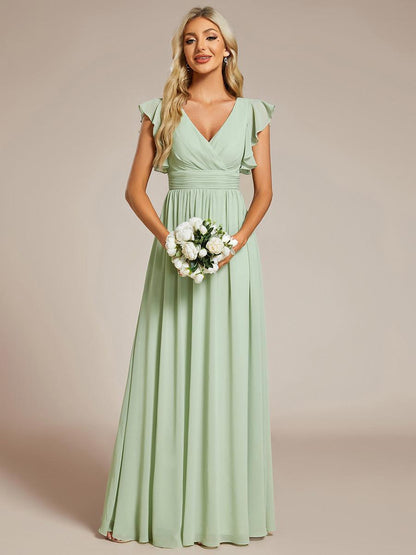 LILYANA™ | Vestido de dama de honor en gasa con mangas plisadas y abertura en la espalda