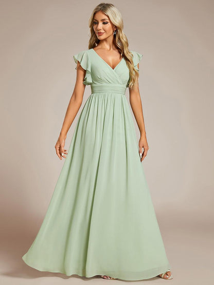 LILYANA™ | Vestido de dama de honor en gasa con mangas plisadas y abertura en la espalda