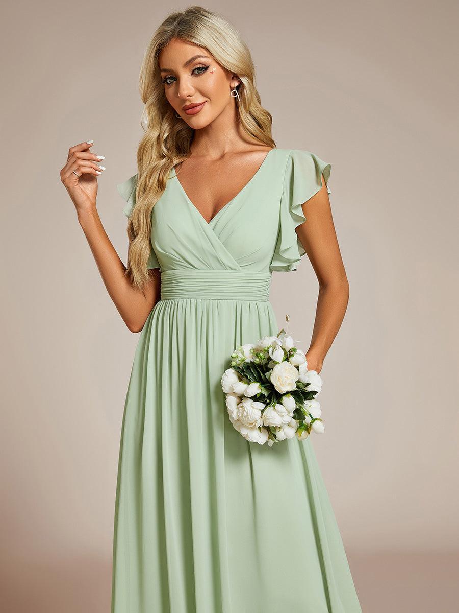 LILYANA™ | Vestido de dama de honor en gasa con mangas plisadas y abertura en la espalda