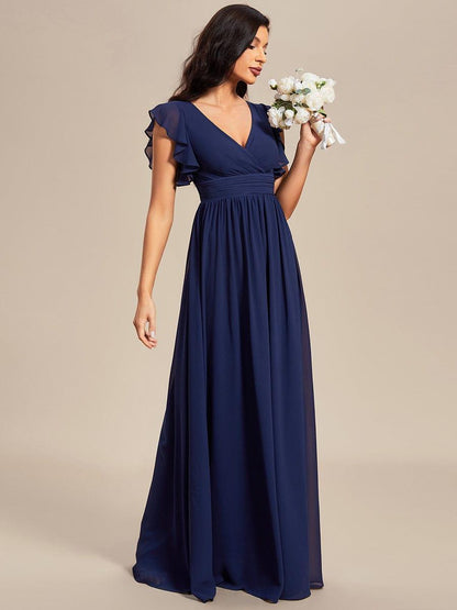 LILYANA™ | Vestido de dama de honor en gasa con mangas plisadas y abertura en la espalda
