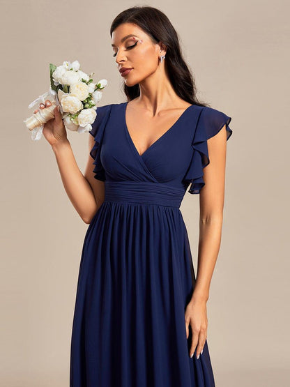 LILYANA™ | Vestido de dama de honor en gasa con mangas plisadas y abertura en la espalda