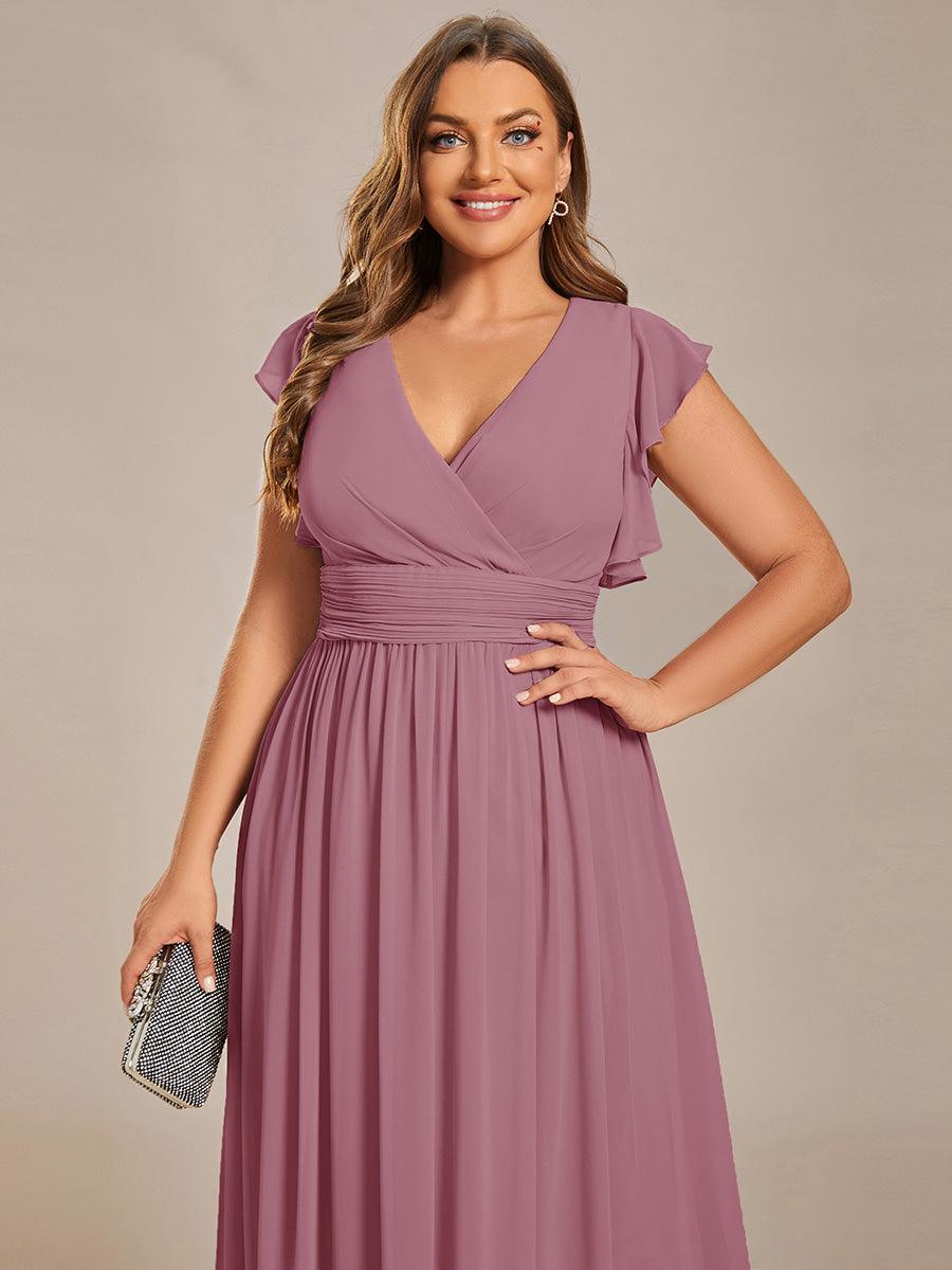 LILYANA™ | Vestido de dama de honor en gasa con mangas plisadas y abertura en la espalda