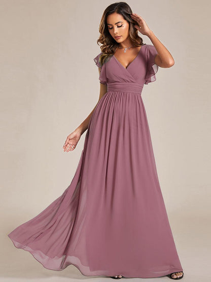 LILYANA™ | Vestido de dama de honor en gasa con mangas plisadas y abertura en la espalda