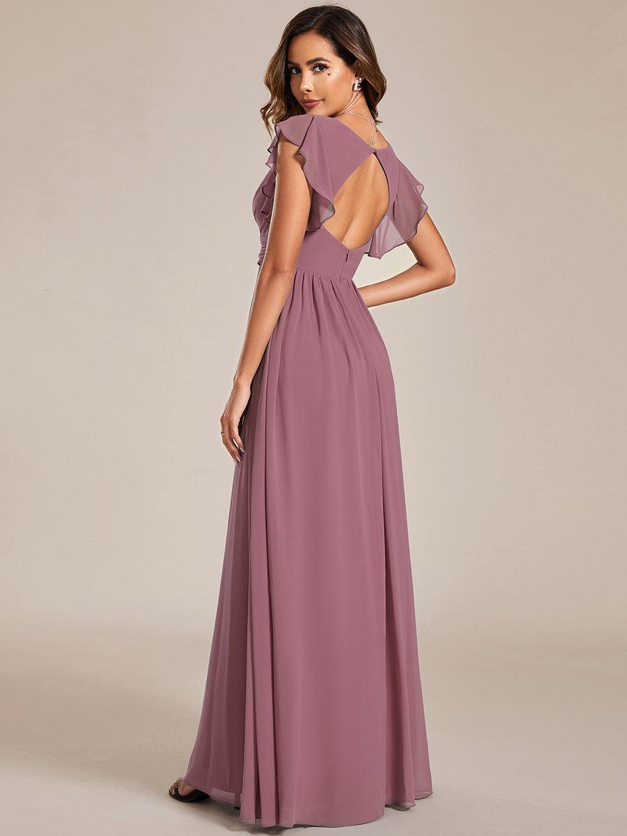LILYANA™ | Vestido de dama de honor en gasa con mangas plisadas y abertura en la espalda