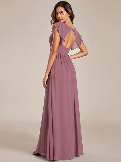 LILYANA™ | Vestido de dama de honor en gasa con mangas plisadas y abertura en la espalda