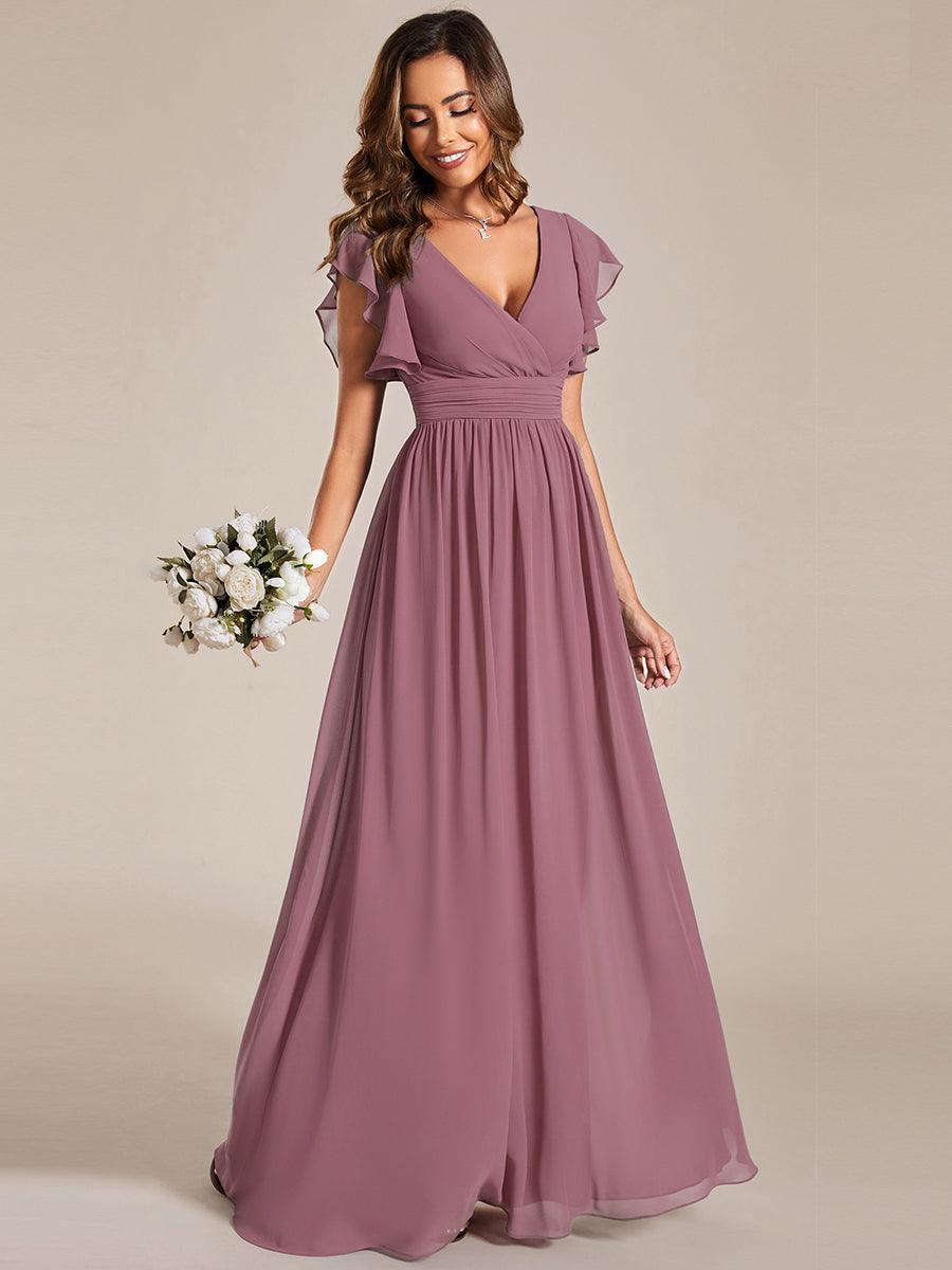 LILYANA™ | Vestido de dama de honor en gasa con mangas plisadas y abertura en la espalda