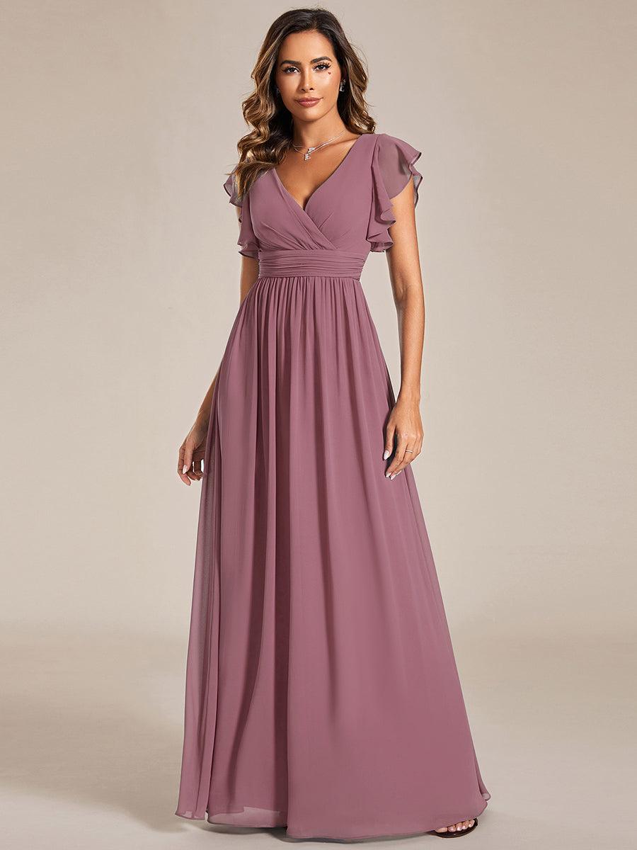 LILYANA™ | Vestido de dama de honor en gasa con mangas plisadas y abertura en la espalda