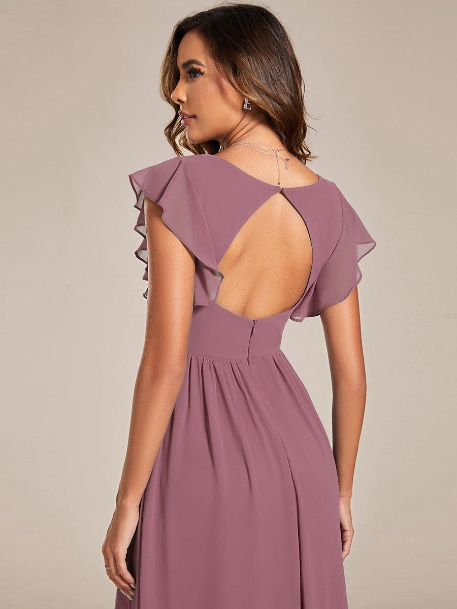 LILYANA™ | Vestido de dama de honor en gasa con mangas plisadas y abertura en la espalda