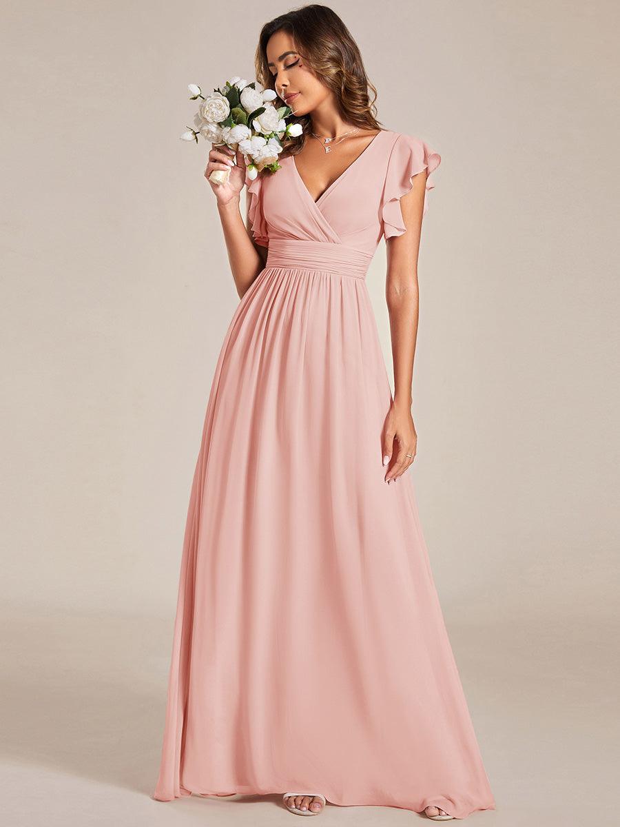 LILYANA™ | Vestido de dama de honor en gasa con mangas plisadas y abertura en la espalda