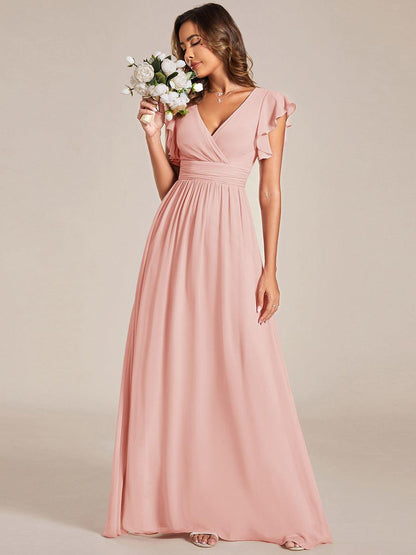 LILYANA™ | Vestido de dama de honor en gasa con mangas plisadas y abertura en la espalda