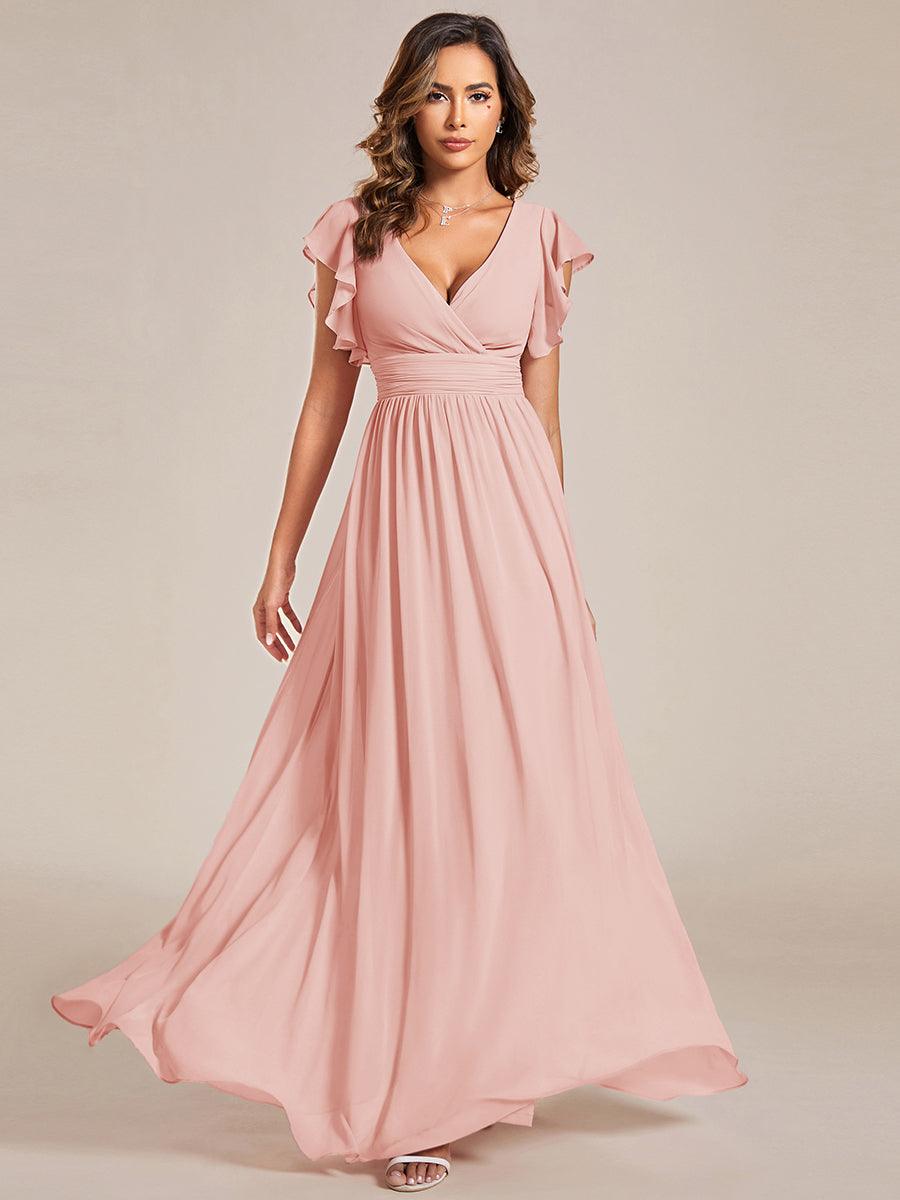 LILYANA™ | Vestido de dama de honor en gasa con mangas plisadas y abertura en la espalda