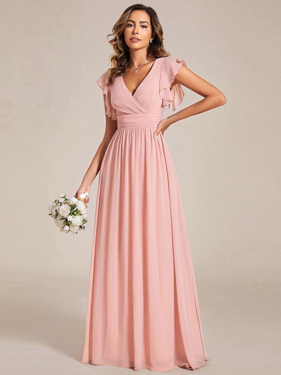 LILYANA™ | Vestido de dama de honor en gasa con mangas plisadas y abertura en la espalda