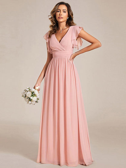 LILYANA™ | Vestido de dama de honor en gasa con mangas plisadas y abertura en la espalda