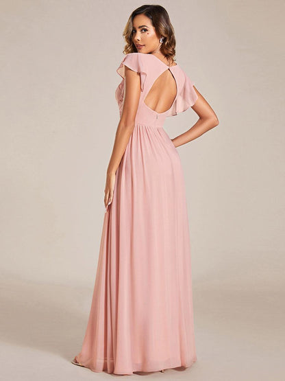 LILYANA™ | Vestido de dama de honor en gasa con mangas plisadas y abertura en la espalda