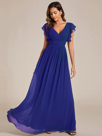 LILYANA™ | Vestido de dama de honor en gasa con mangas plisadas y abertura en la espalda