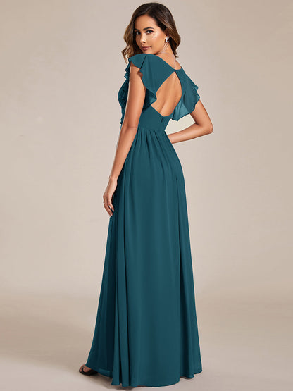 LILYANA™ | Vestido de dama de honor en gasa con mangas plisadas y abertura en la espalda