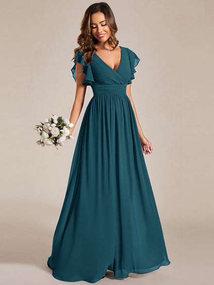 LILYANA™ | Vestido de dama de honor en gasa con mangas plisadas y abertura en la espalda