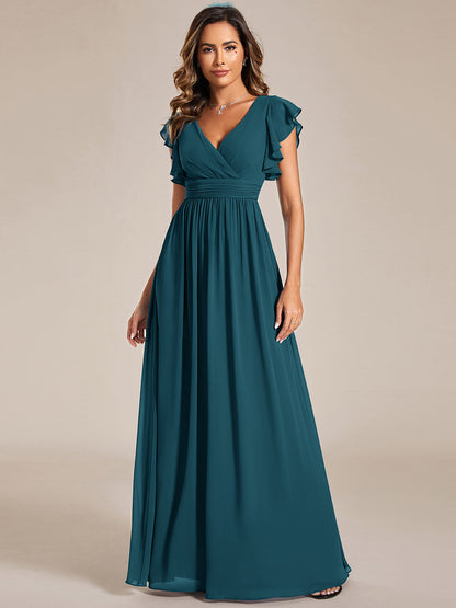 LILYANA™ | Vestido de dama de honor en gasa con mangas plisadas y abertura en la espalda