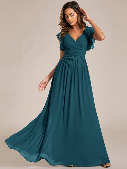 LILYANA™ | Vestido de dama de honor en gasa con mangas plisadas y abertura en la espalda