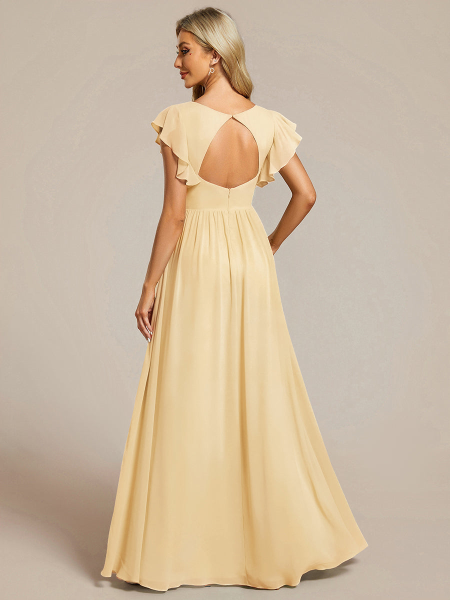 LILYANA™ | Vestido de dama de honor en gasa con mangas plisadas y abertura en la espalda