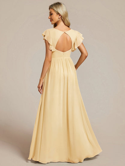 LILYANA™ | Vestido de dama de honor en gasa con mangas plisadas y abertura en la espalda