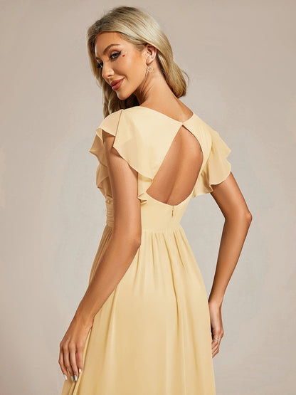 LILYANA™ | Vestido de dama de honor en gasa con mangas plisadas y abertura en la espalda
