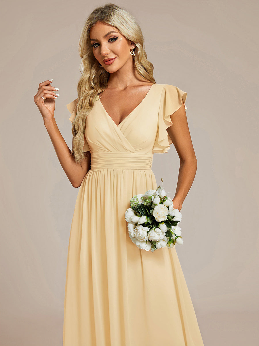 LILYANA™ | Vestido de dama de honor en gasa con mangas plisadas y abertura en la espalda
