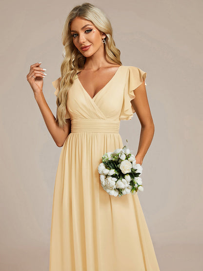 LILYANA™ | Vestido de dama de honor en gasa con mangas plisadas y abertura en la espalda