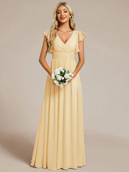 LILYANA™ | Vestido de dama de honor en gasa con mangas plisadas y abertura en la espalda