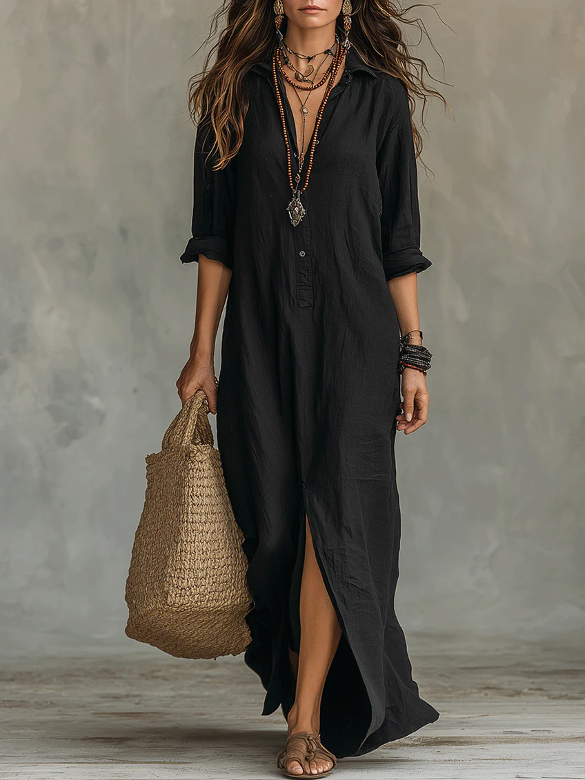 Soraya | Vestido largo negro holgado con botones