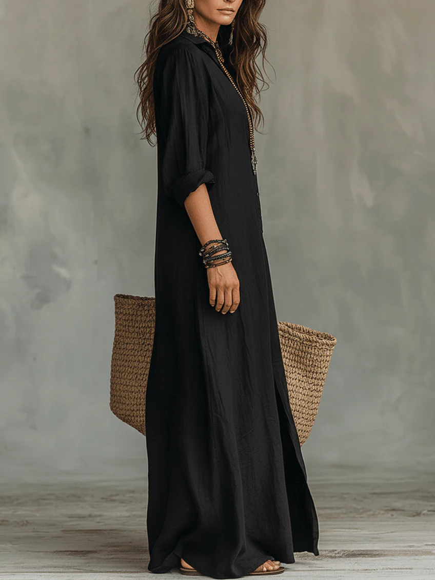 Soraya | Vestido largo negro holgado con botones