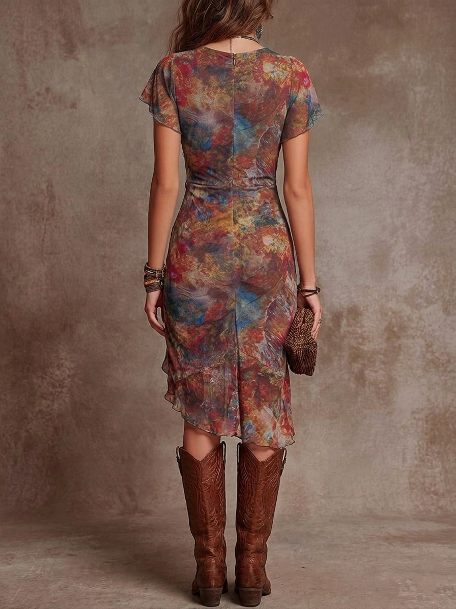 Martina - Vestido midi plisado con escote en V y estampado artístico abstracto de estilo bohemio.