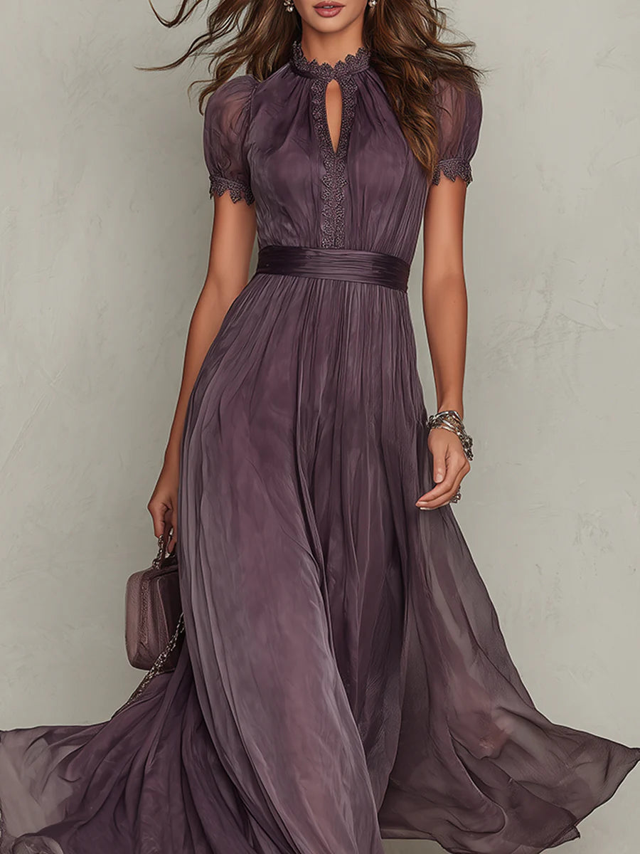 Flavia - Vestido largo morado con escote en forma de gota y ribete de encaje de gasa
