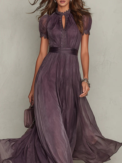 Flavia - Vestido largo morado con escote en forma de gota y ribete de encaje de gasa