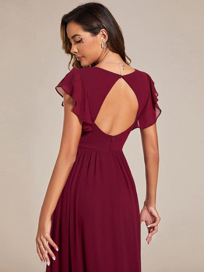 LILYANA™ | Vestido de dama de honor en gasa con mangas plisadas y abertura en la espalda
