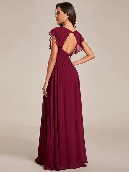 LILYANA™ | Vestido de dama de honor en gasa con mangas plisadas y abertura en la espalda