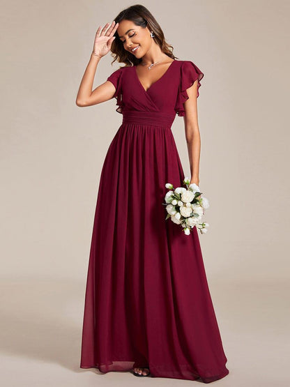 LILYANA™ | Vestido de dama de honor en gasa con mangas plisadas y abertura en la espalda