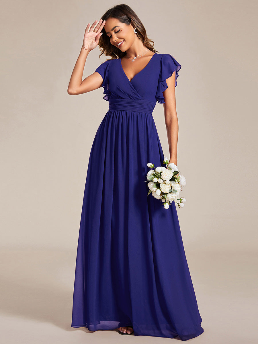 LILYANA™ | Vestido de dama de honor en gasa con mangas plisadas y abertura en la espalda