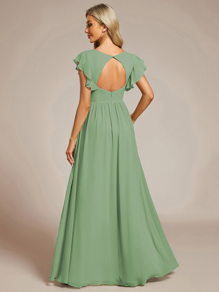 LILYANA™ | Vestido de dama de honor en gasa con mangas plisadas y abertura en la espalda