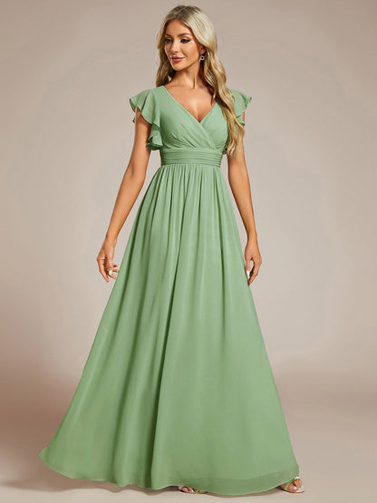 LILYANA™ | Vestido de dama de honor en gasa con mangas plisadas y abertura en la espalda