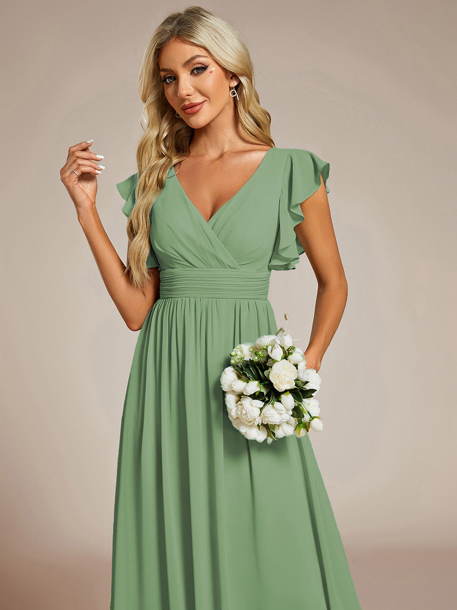 LILYANA™ | Vestido de dama de honor en gasa con mangas plisadas y abertura en la espalda