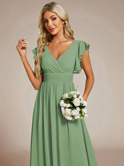 LILYANA™ | Vestido de dama de honor en gasa con mangas plisadas y abertura en la espalda
