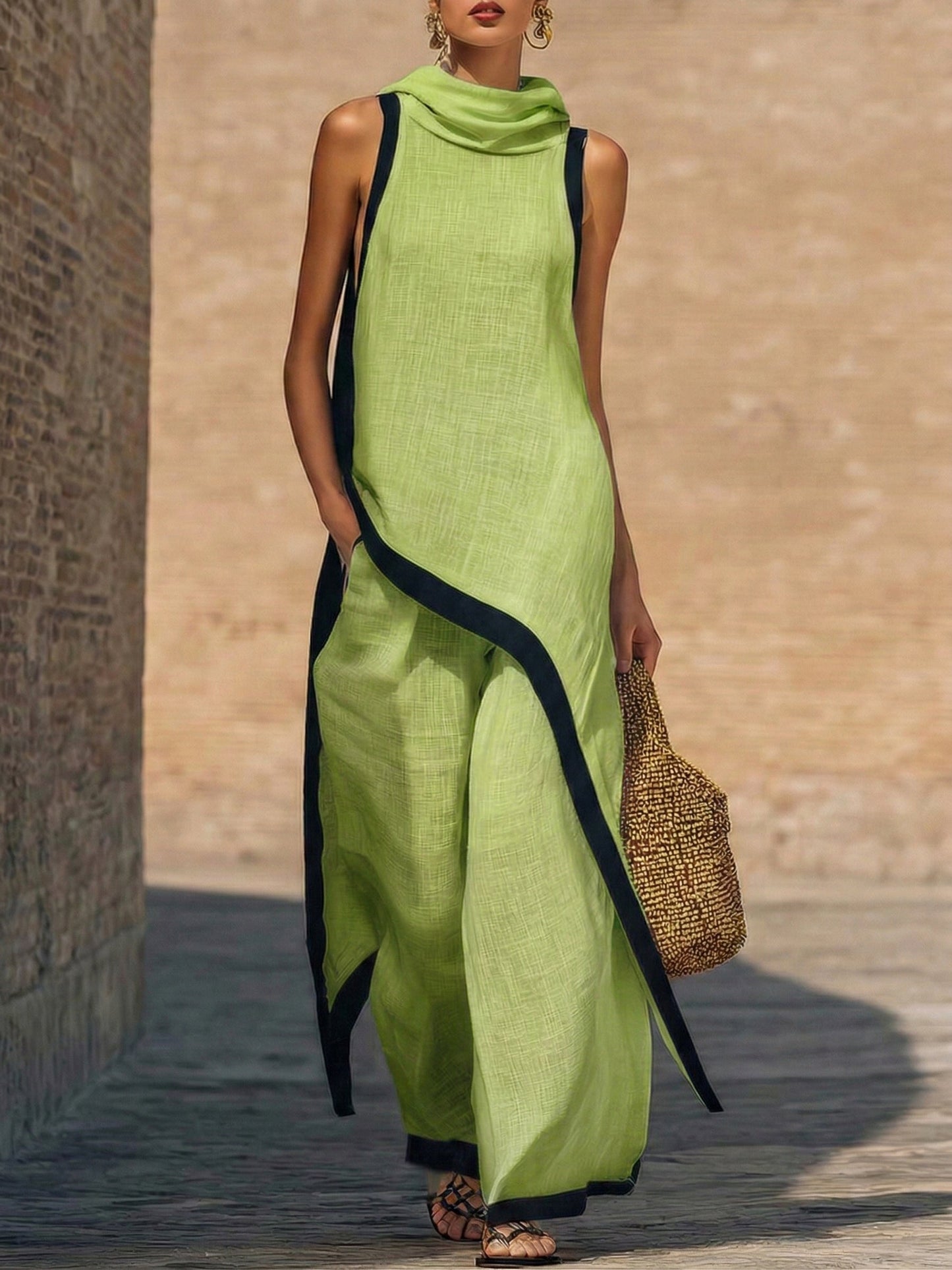 Conjunto elegante de dos piezas en lino y algodón con corte artístico