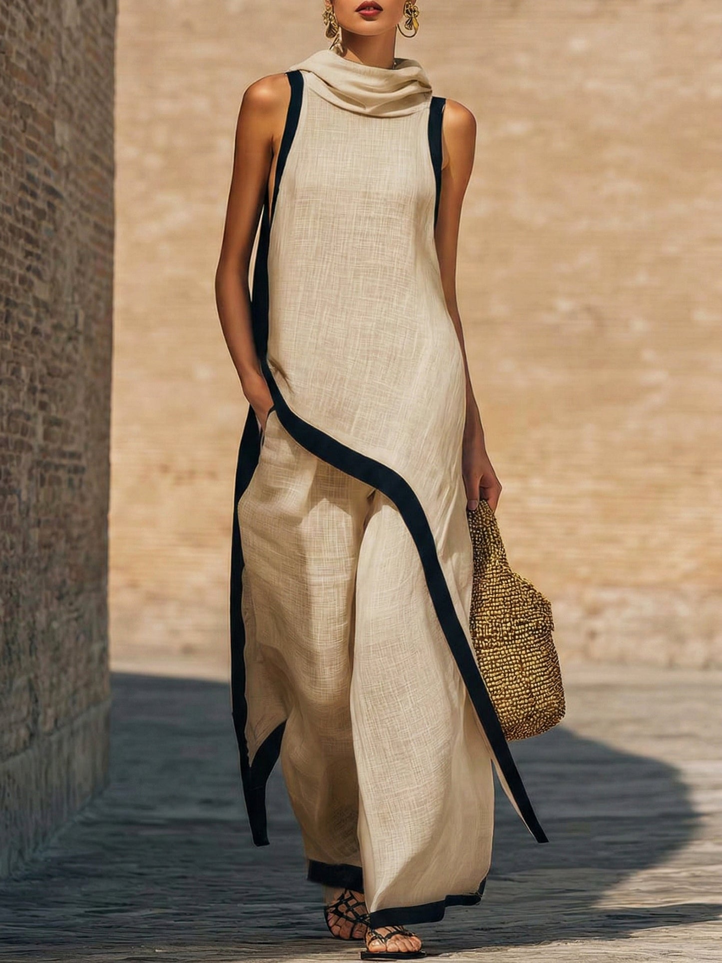 Conjunto elegante de dos piezas en lino y algodón con corte artístico