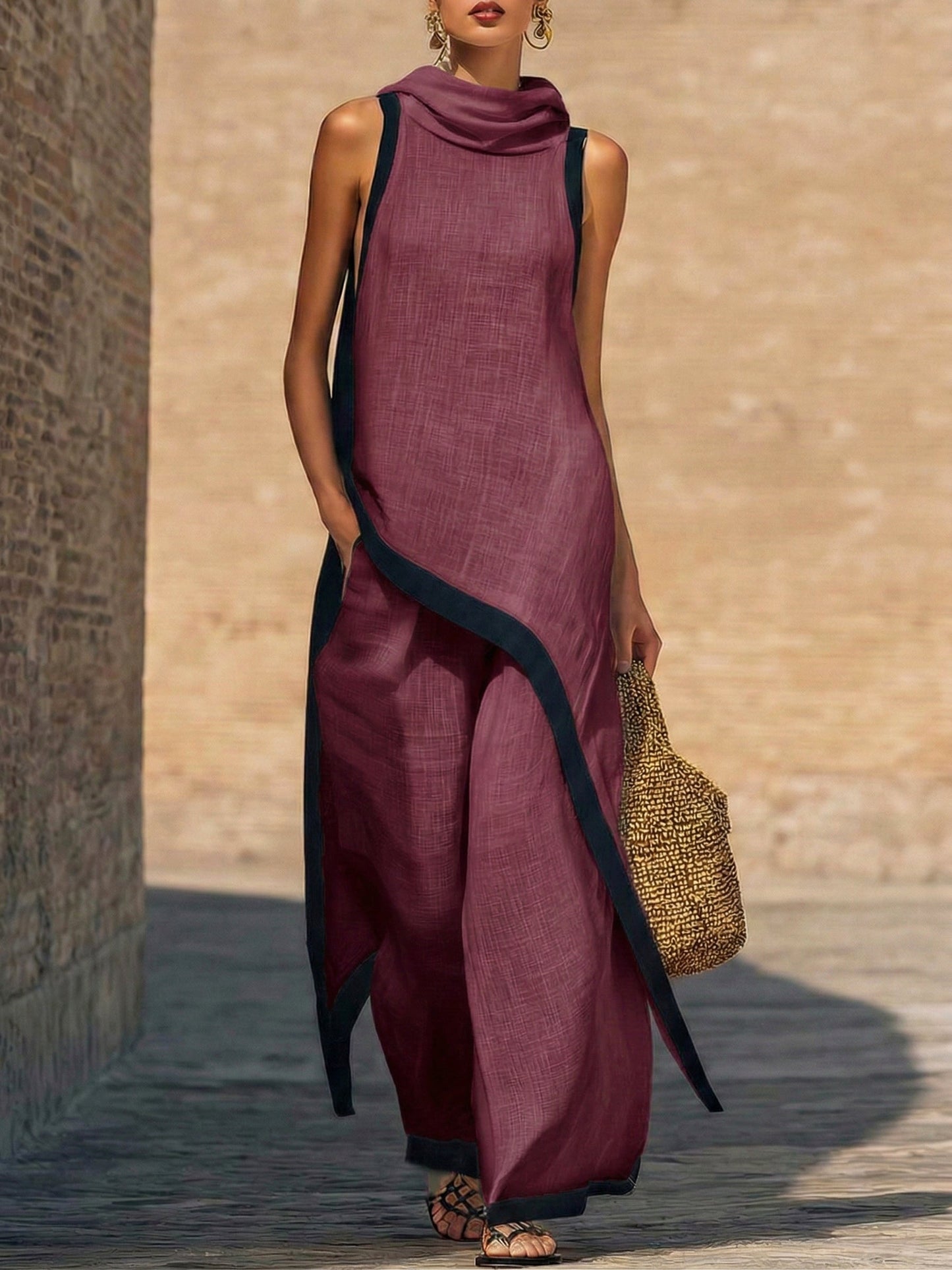 Conjunto elegante de dos piezas en lino y algodón con corte artístico